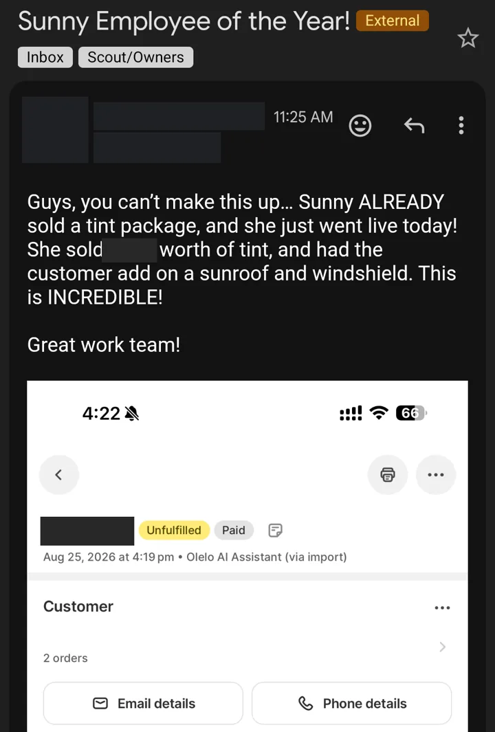 Shopify order marked Paid, placed by the Olelo AI Assistant on launch day, Aug 25, 2026