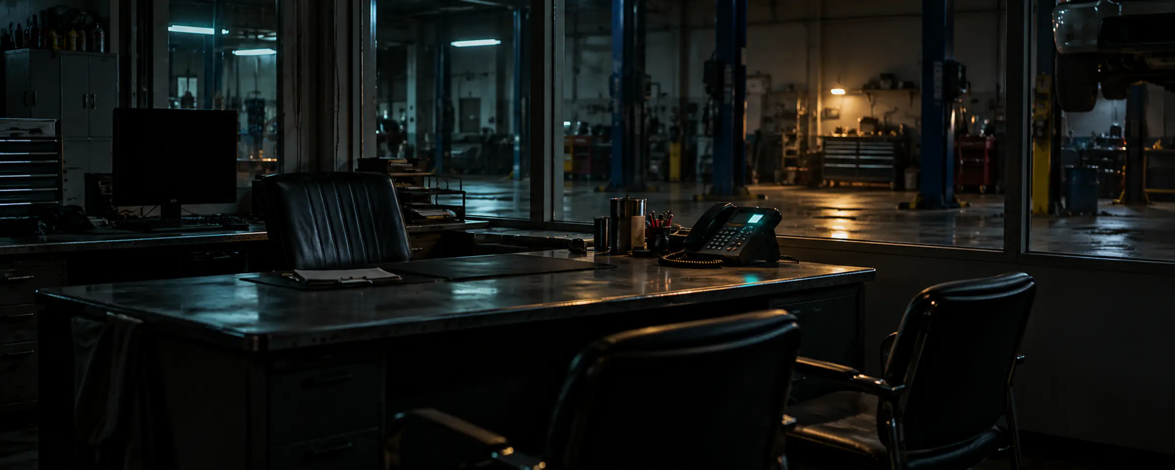 An empty service desk after hours, a desk phone glowing, the dark bays beyond the glass