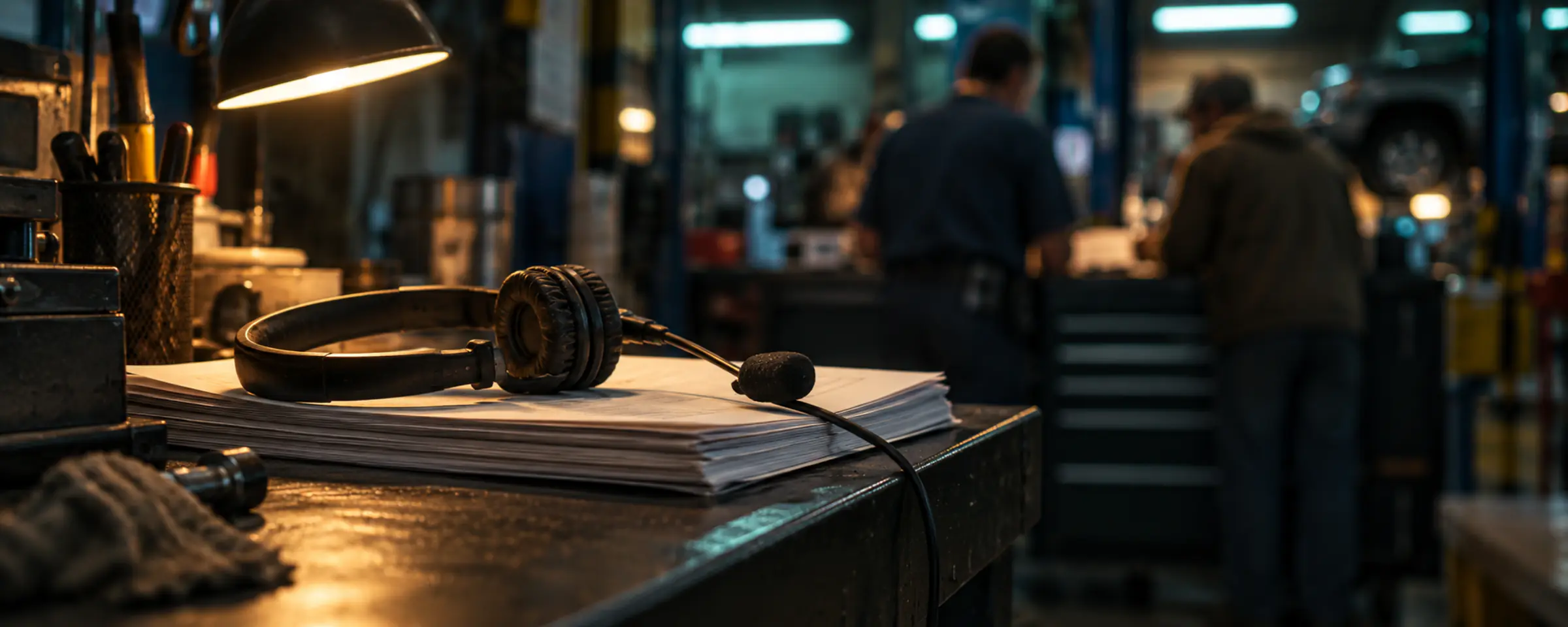 A call headset resting on paperwork at a service desk, an advisor and a customer out of focus behind