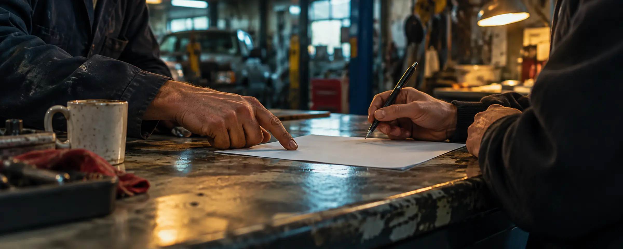 Two people at a service counter, one pointing to a sheet while the other writes