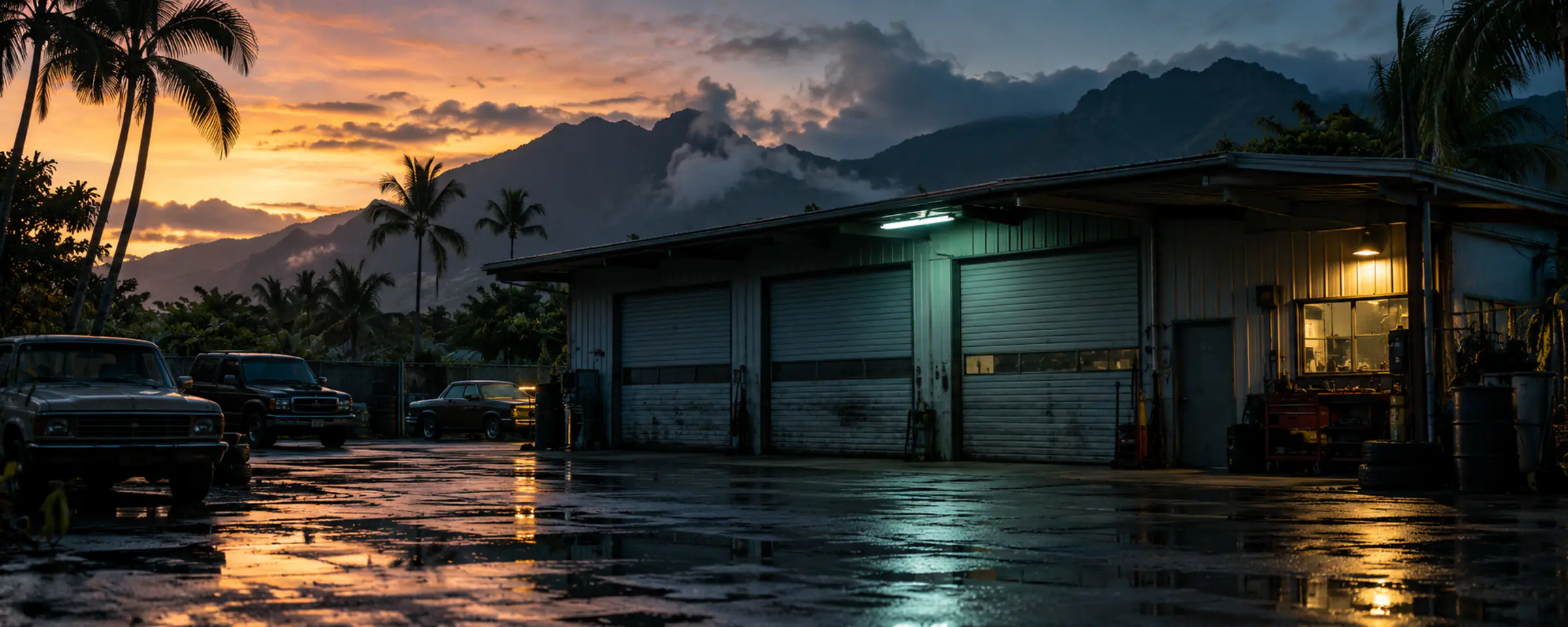 A small repair shop at first light with palms and green mountains behind