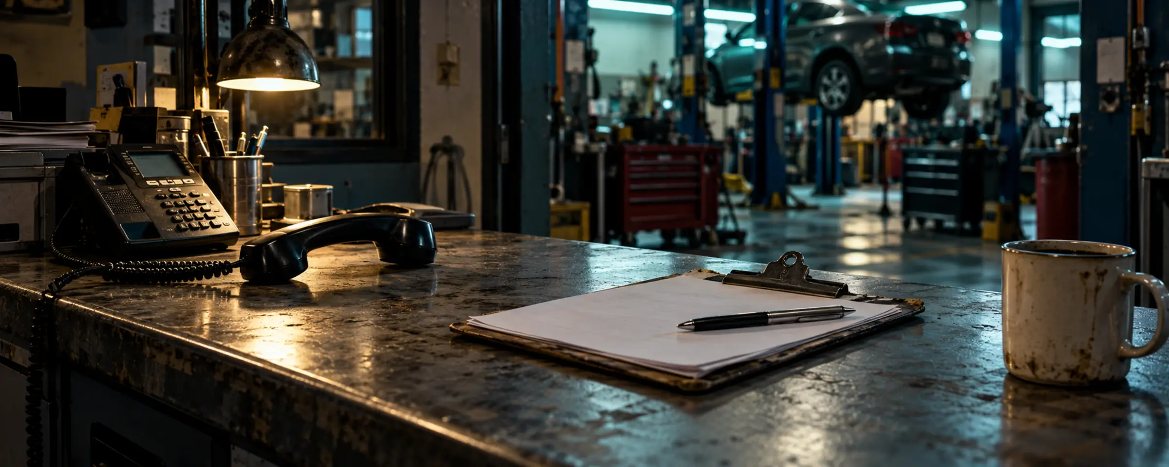 A service counter with a phone handset off the hook beside a repair order and a clipboard, the service bays out of focus behind