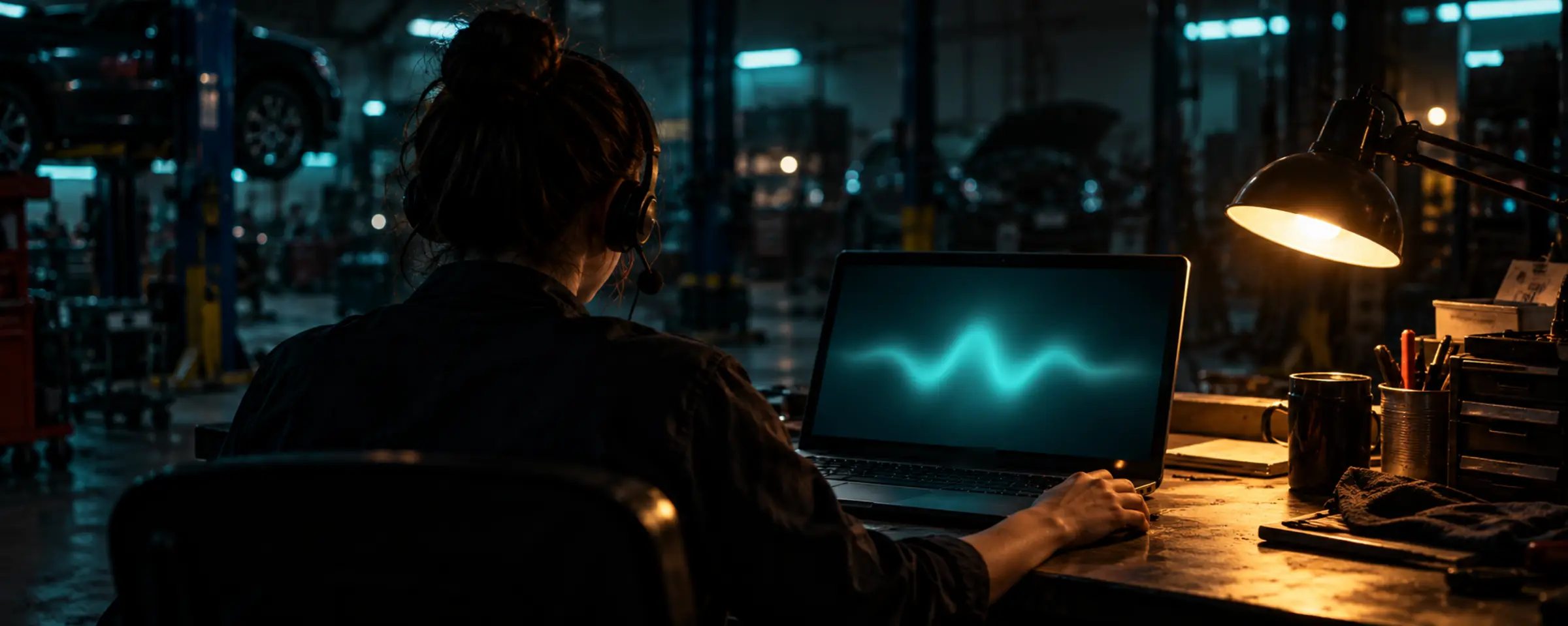 A service advisor in a headset, seen from behind, practicing at a quiet desk after hours