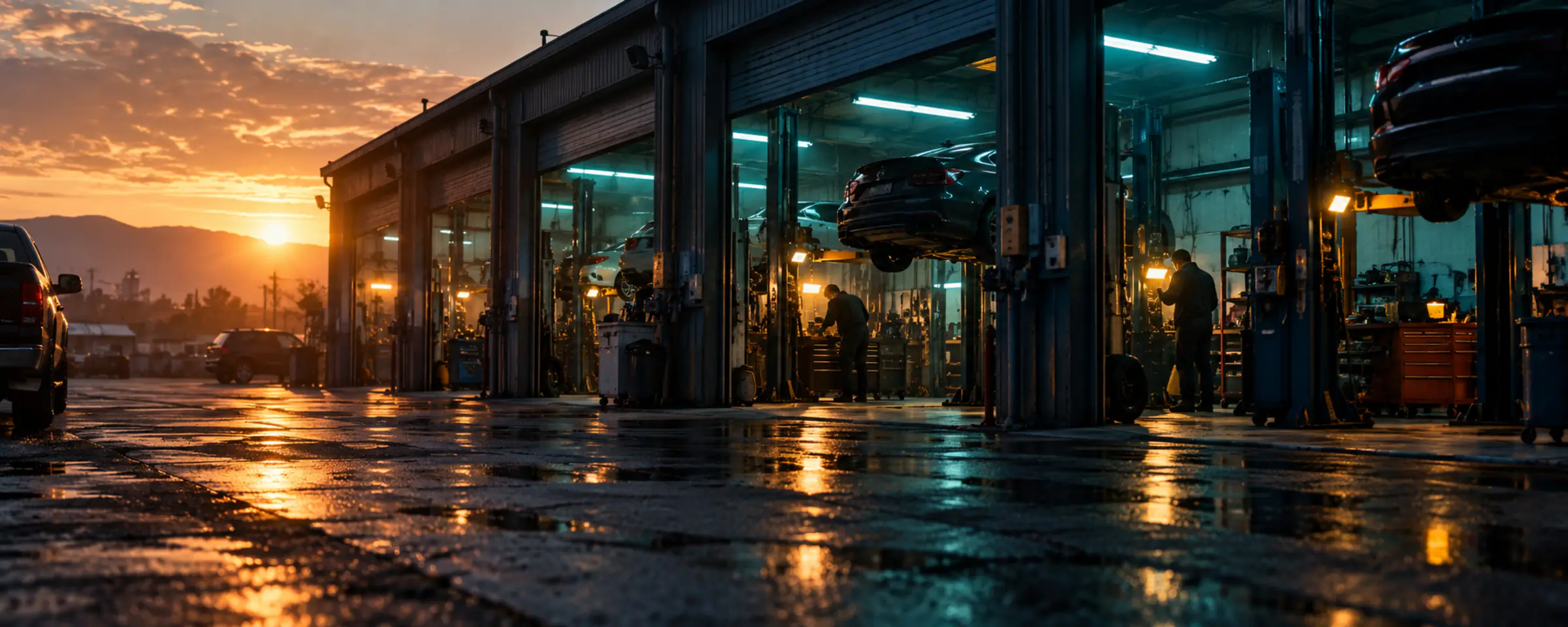 A row of open service bays at sunrise with cars on lifts and technicians at work
