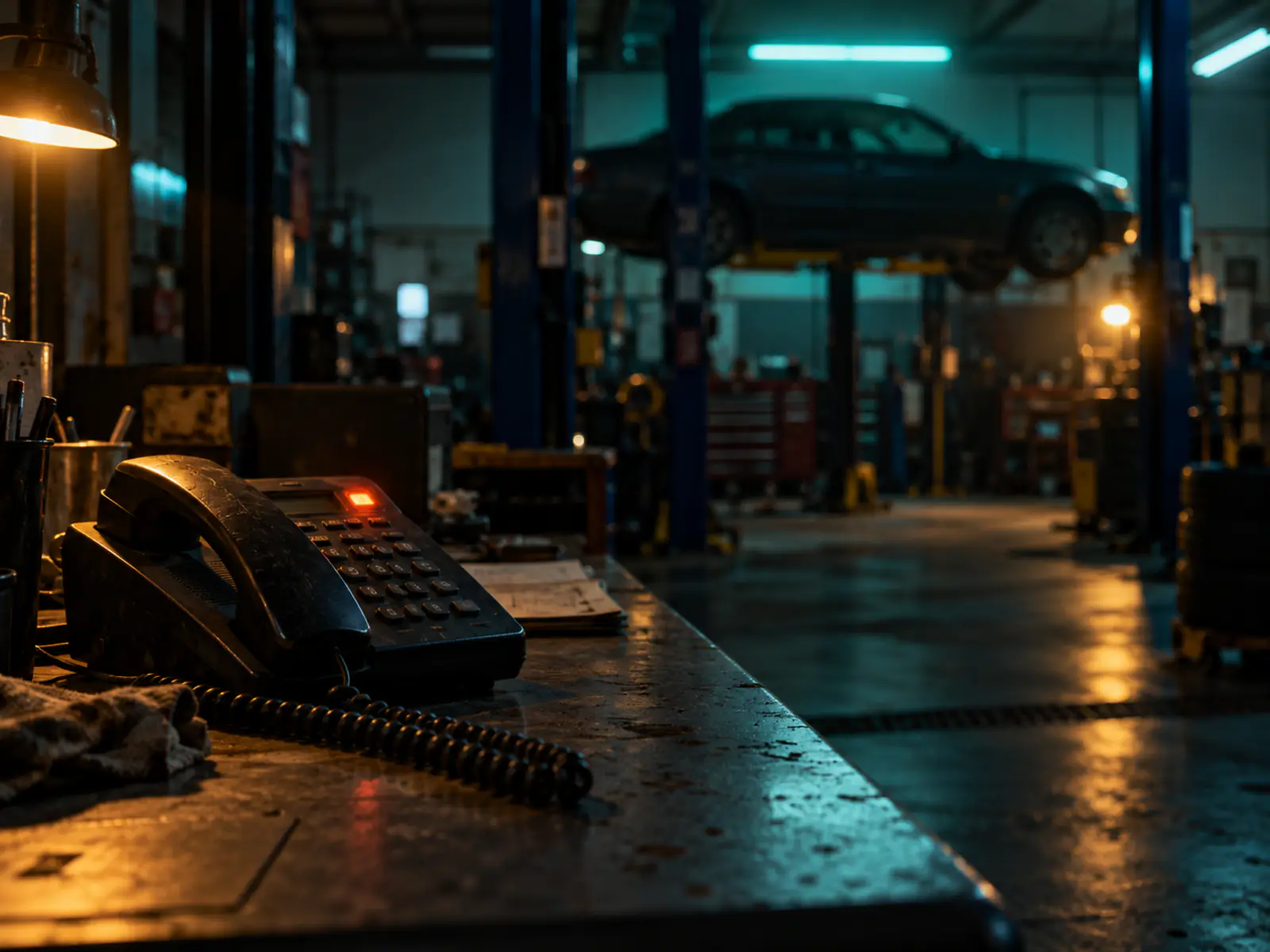 A desk phone on a service counter at night, a car on a lift in the dark bay behind