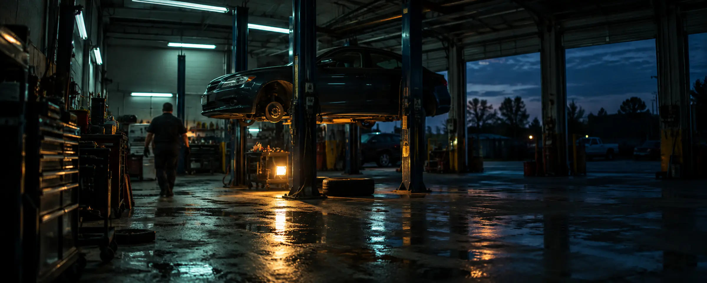 A four-bay repair shop at dusk, a sedan on a lift, a technician walking away across the wet floor