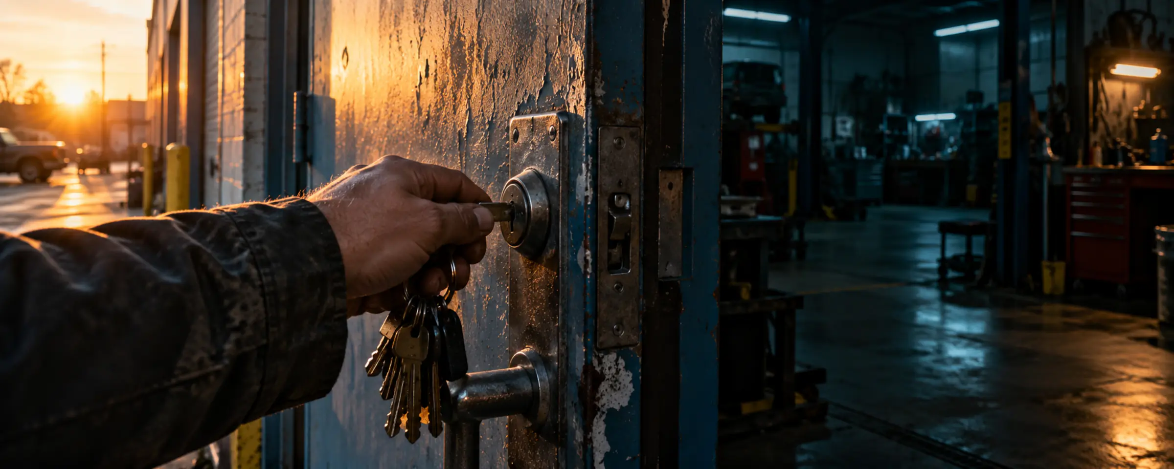 A hand with a heavy ring of keys unlocking a repair shop door at sunrise