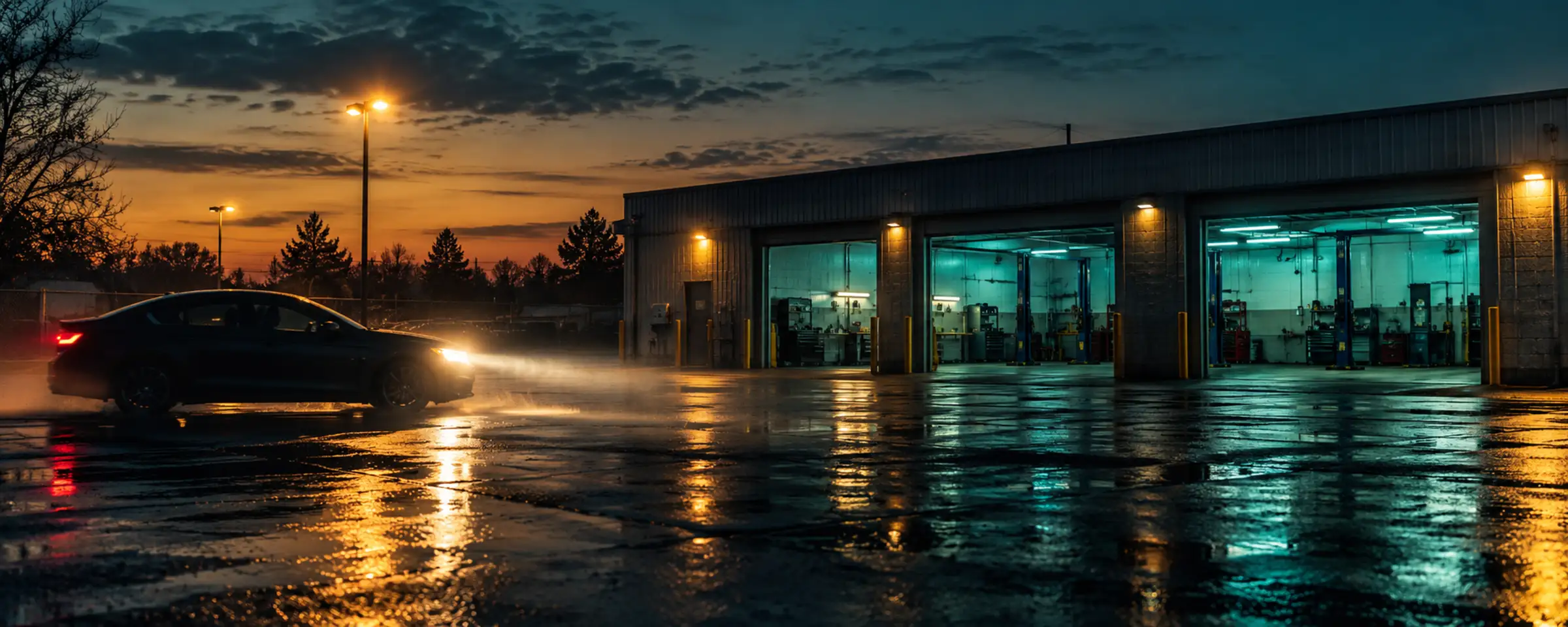 A car with its headlights on turning into an auto repair shop's lot at dusk