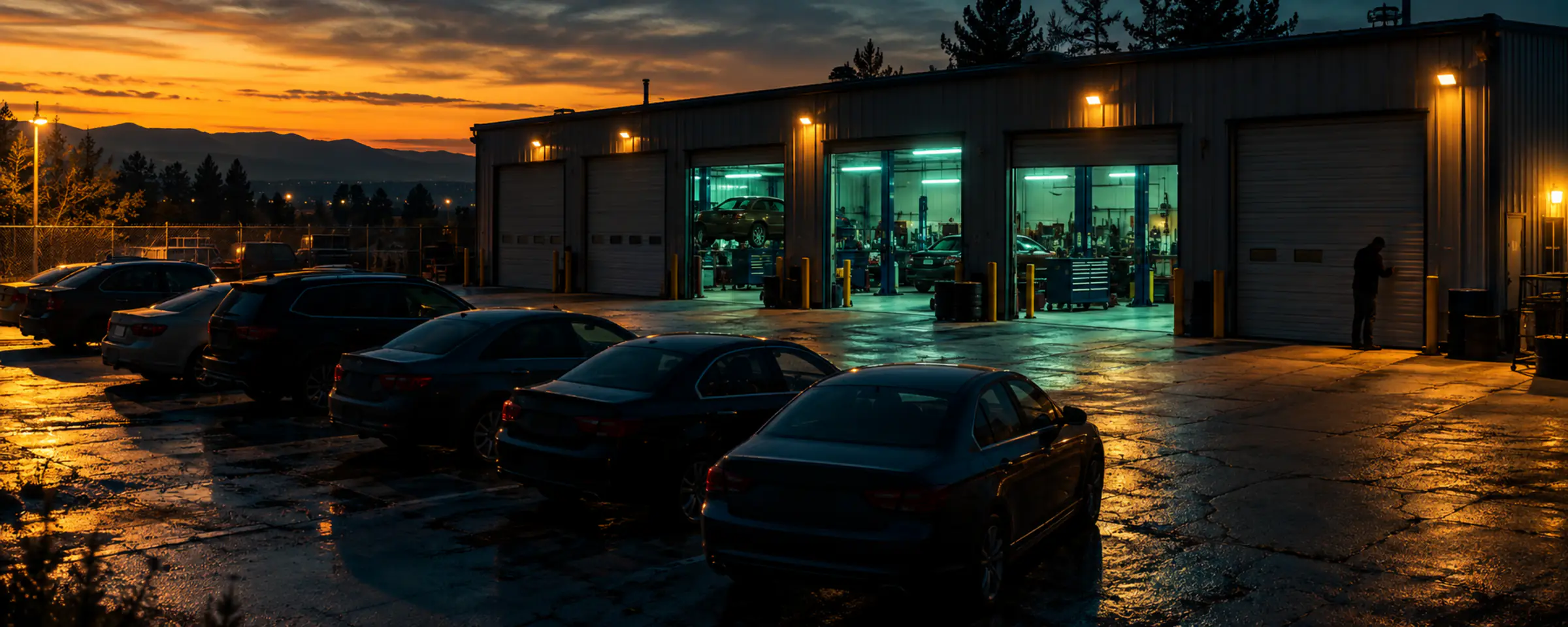 A multi-bay repair shop at closing time, three bays still lit, customer cars parked in the lot