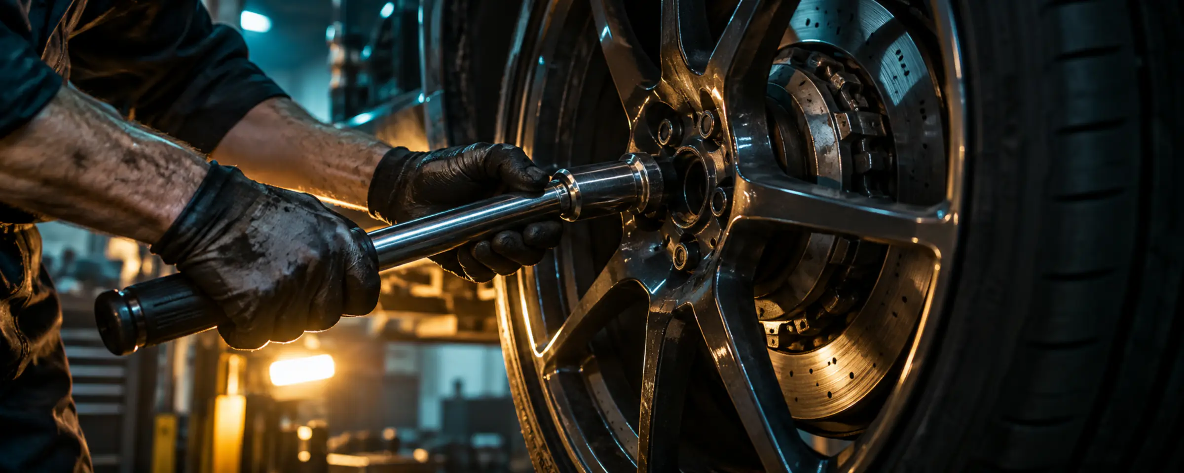 Gloved hands tightening a wheel with a torque wrench in a repair bay