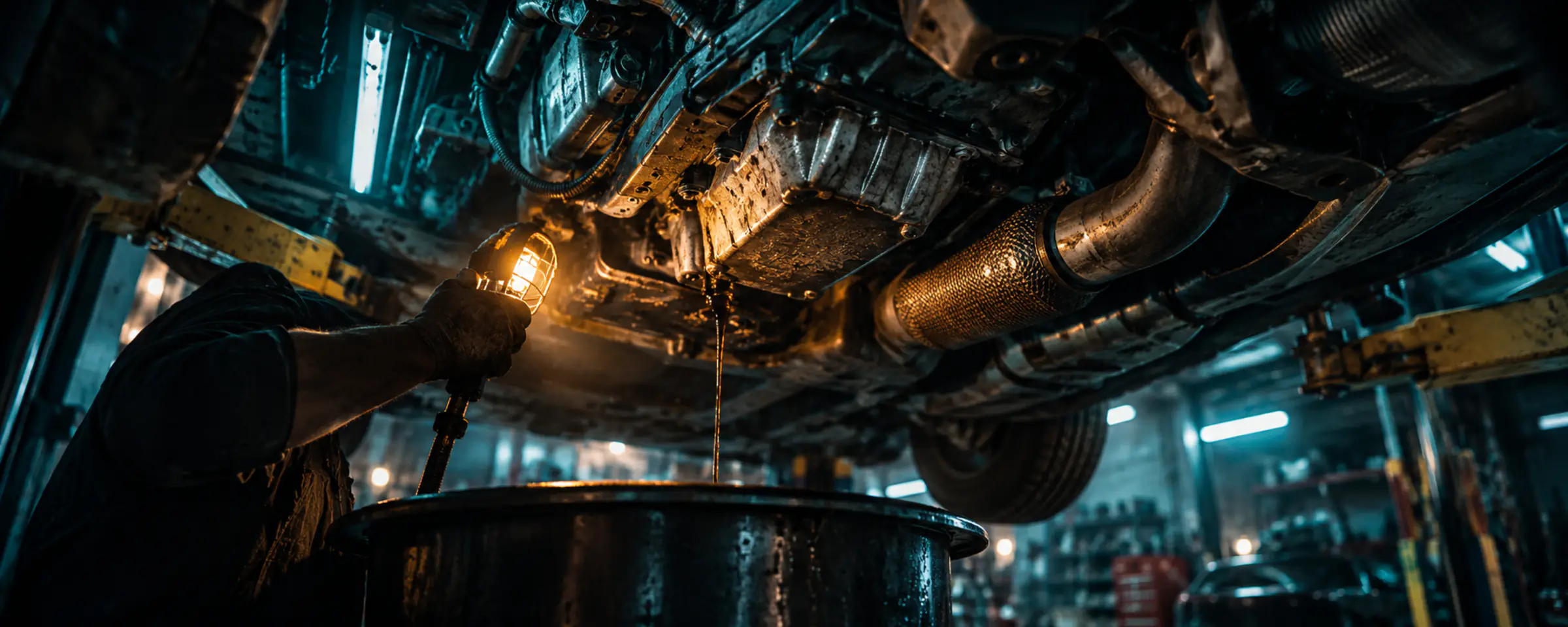 Under a car on a lift, a technician holding a work light over a drain pan