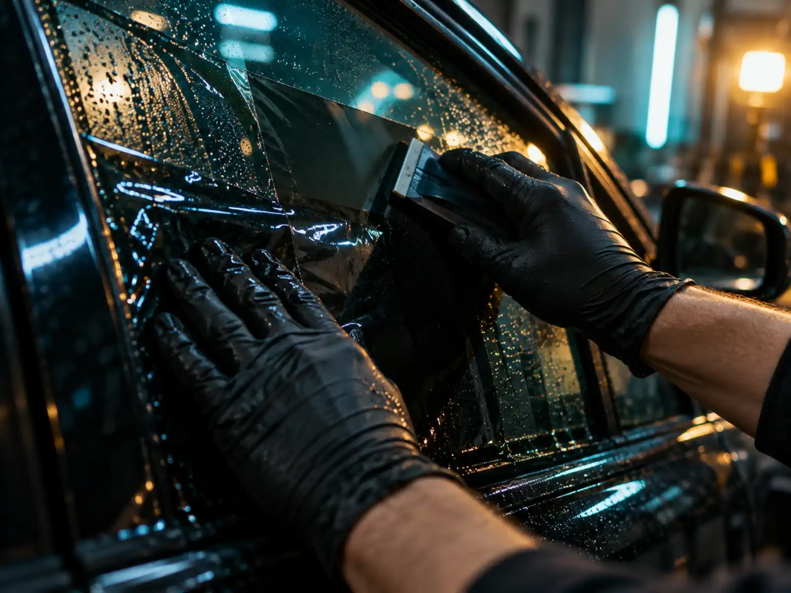 Gloved hands squeegeeing dark tint film onto a wet car window in an install bay