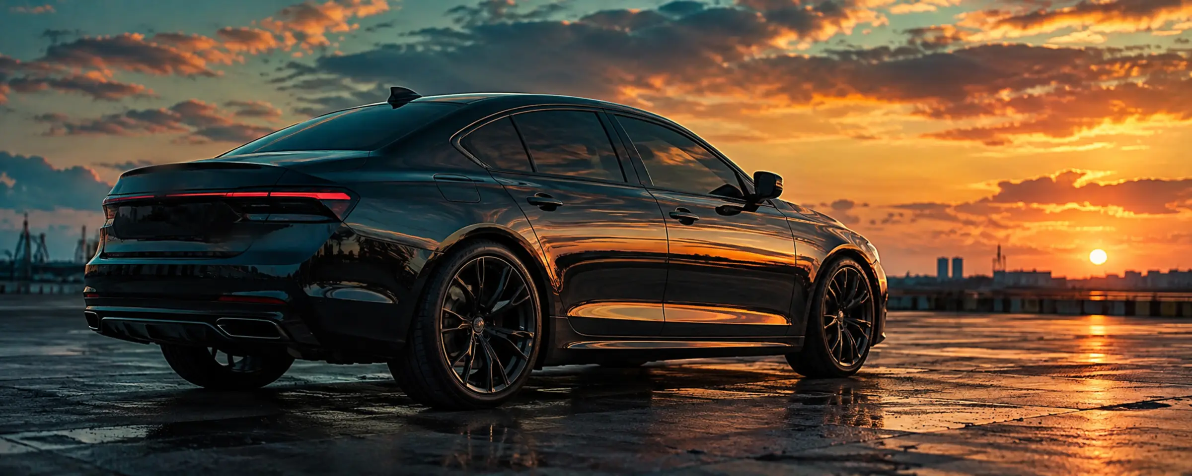 A glossy dark car with freshly tinted windows on an open lot at sunset, the sky reflected across the dark glass and paint