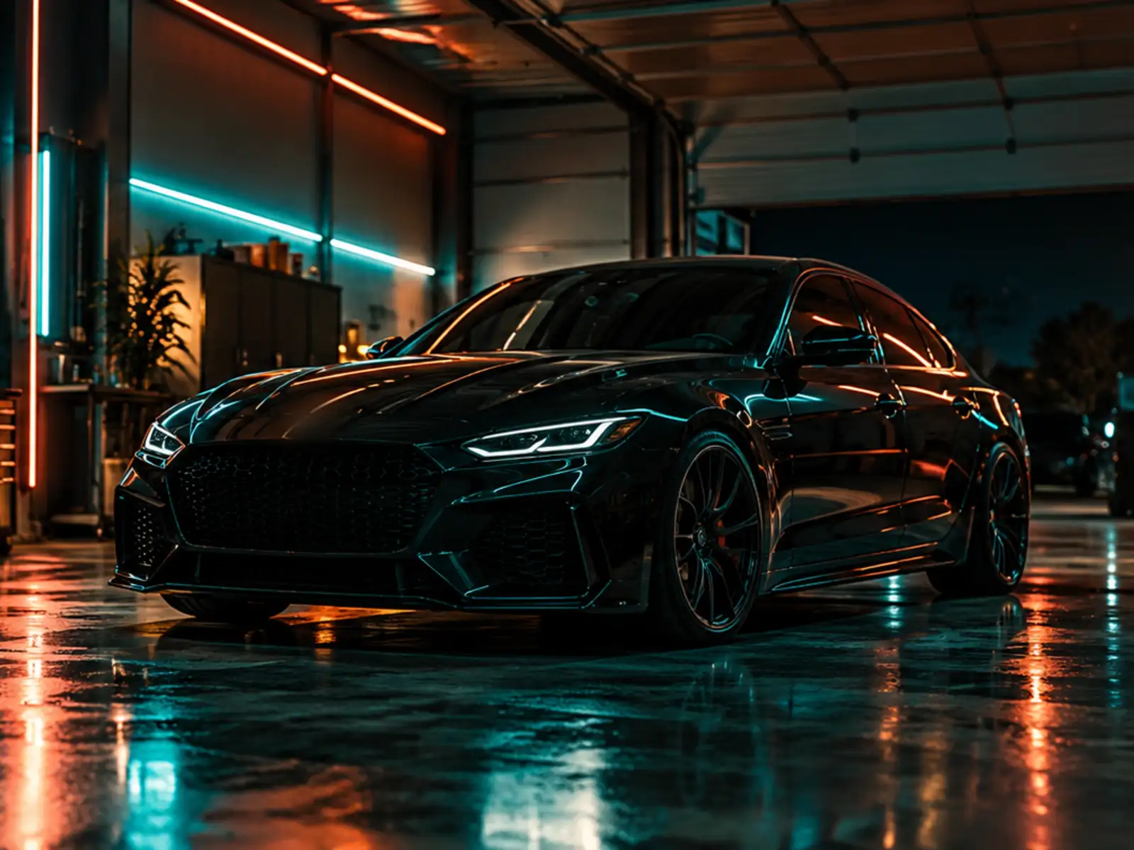 A dark-tinted car in a tint shop bay at night under teal and coral LED strips, the floor reflecting the colors