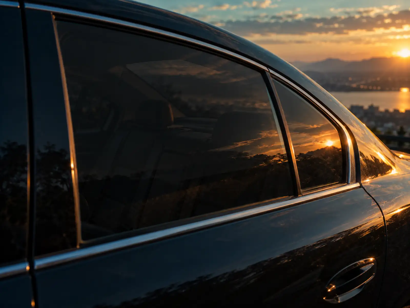 The same window after tinting, the glass dark charcoal and reflecting the sunset, the back seat barely visible