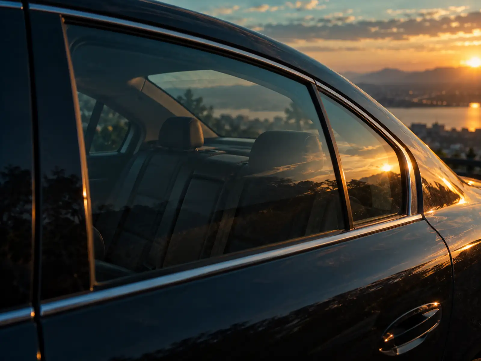 A car's rear side window at golden hour with clear, untinted glass, the empty back seat visible through it