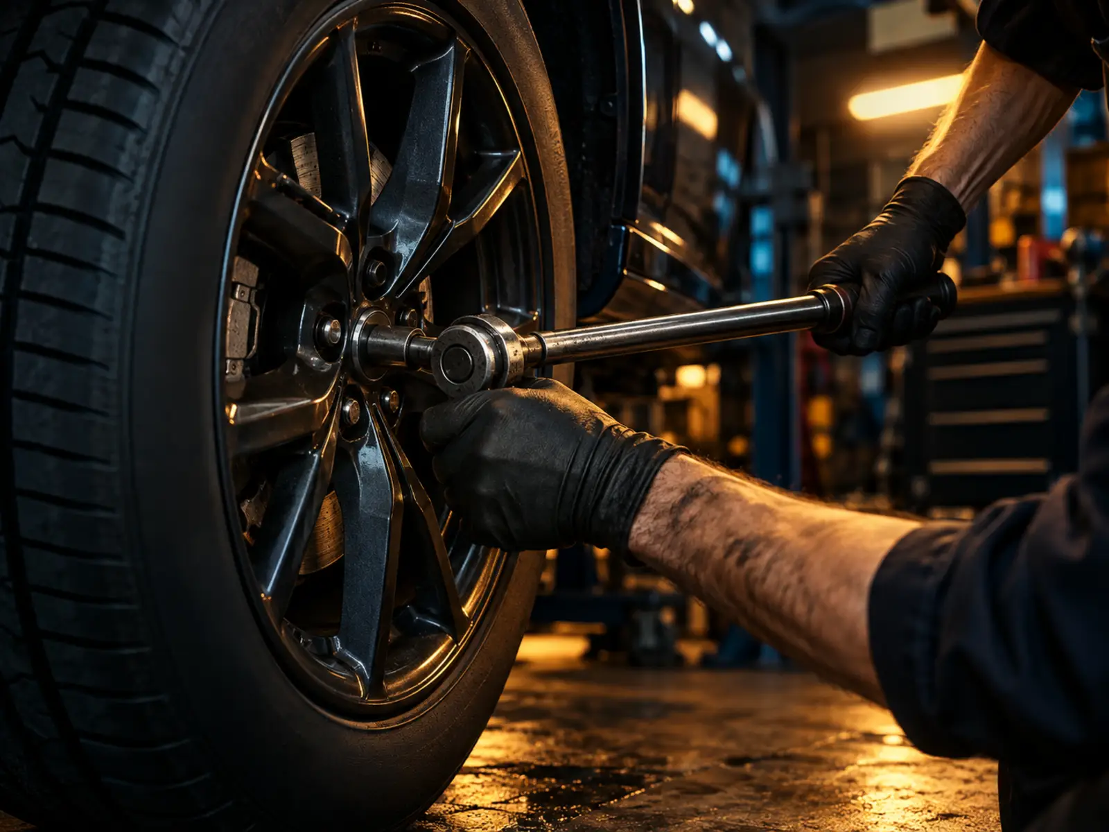 Gloved hands tightening a lug nut with a torque wrench on a freshly mounted tire
