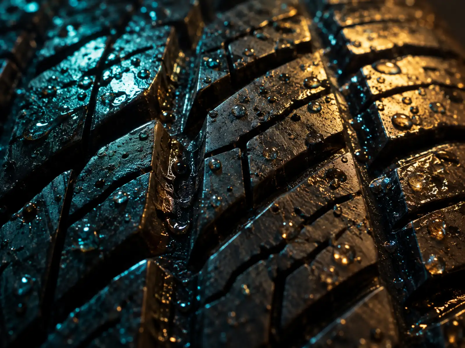 Close-up of fresh tire tread with beads of water on the rubber