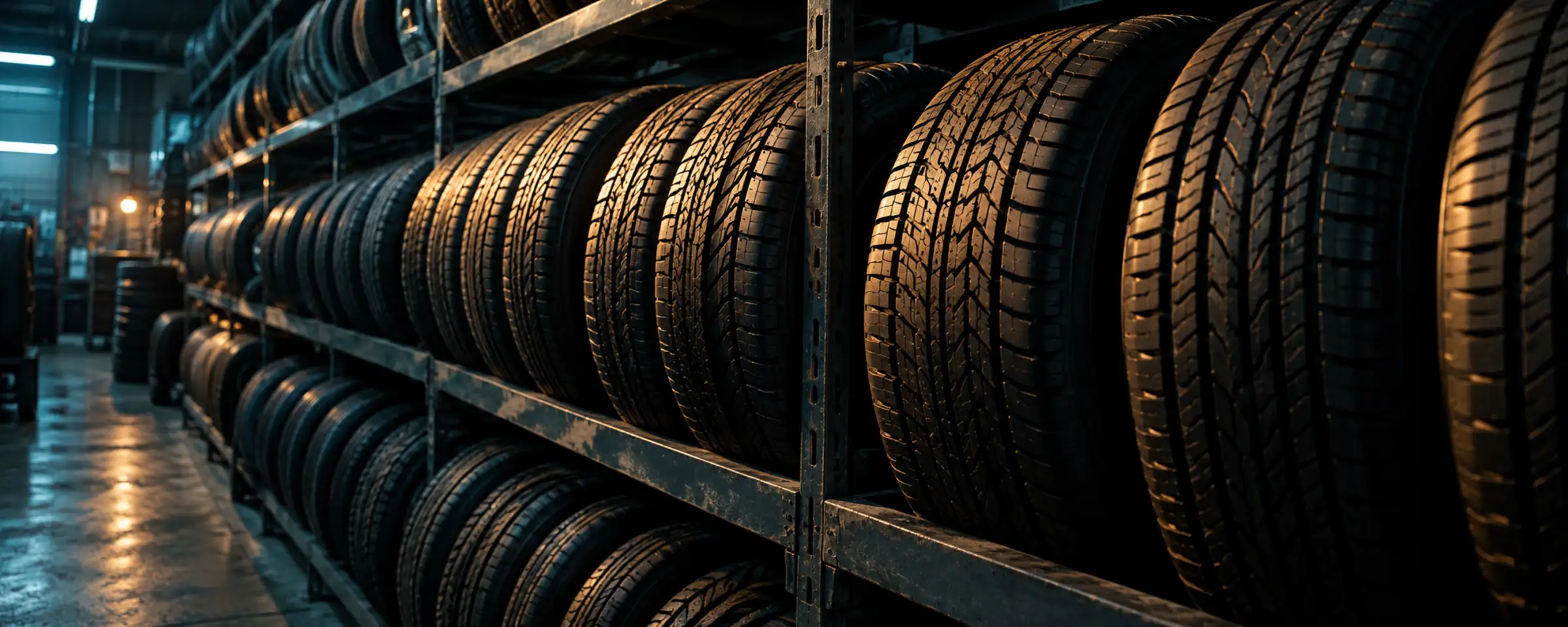 A long wall of new tires on steel racks, side light raking across the tread